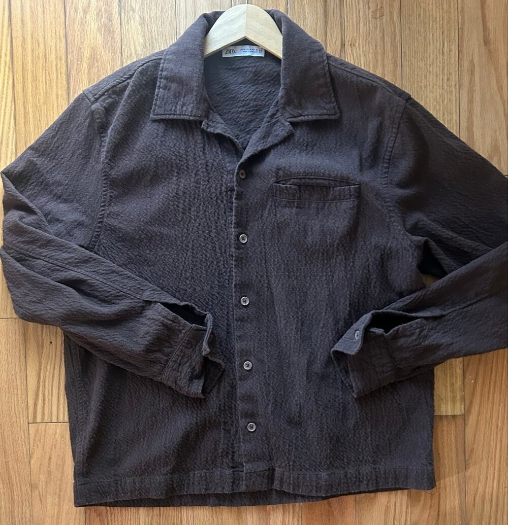 Zara Brown Textured Button Up Shirt Loose Fit Men Medium Green